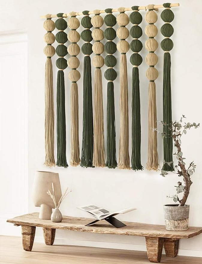 Macrame Wall Hanging Large Boho Wall Decor Natural Green Jute Sphericity Cotton Textile Wall Hanging Geometric Art Fiber Yarn Art Handmade For Living Room Bed Room Apartment Wedding Party 39" Wx39" L