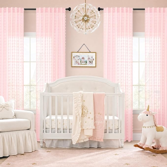 DANCURTON Light Pink Sheer Curtains 63 Inch Length for Girls Room Baby Nursery Semi Sheer Boho Farmhouse Pom Pom Kids Curtains for Bedroom Bed Canopy Blush Pink Voile Back Tab Window Drapes 2 Panels