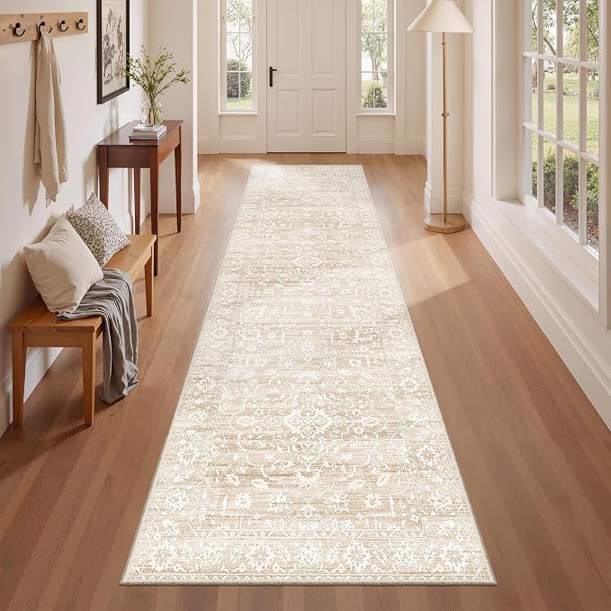 Soalmost 2.5'x8' Runner Rugs for Hallway, Washable Kitchen Runner Rug Beige | Vintage Non-Slip Soft 2'6"x8' Carpet Runner with Rubber Backing for Entryway Laundry Bedroom Farmhouse