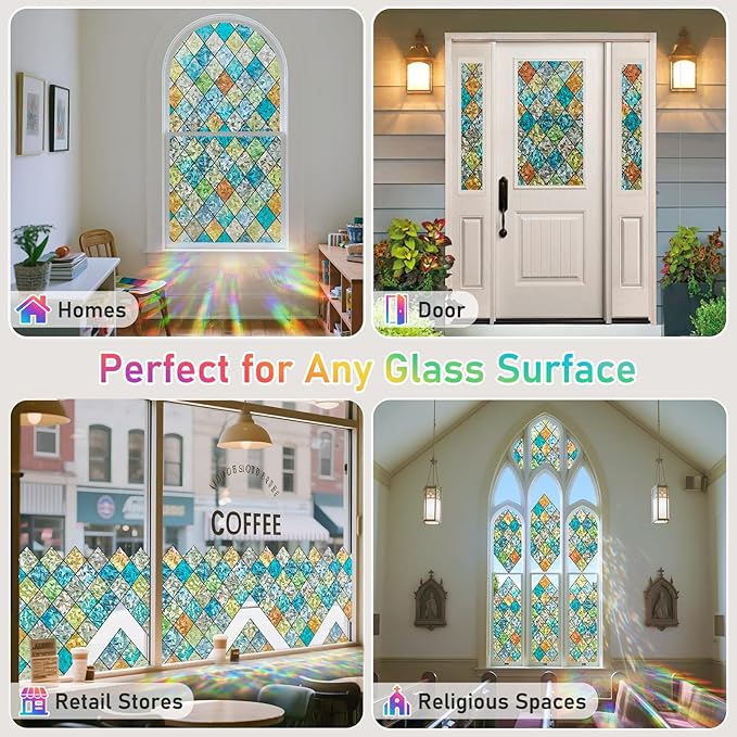 Sunbaby Window Privacy Film Stained Glass Decorative Rainbow Window Cling 3D Static Clings Colorful for Home Decoration, Anti-UV & Heat Control Non-Adhesive (23.6"x78.7")