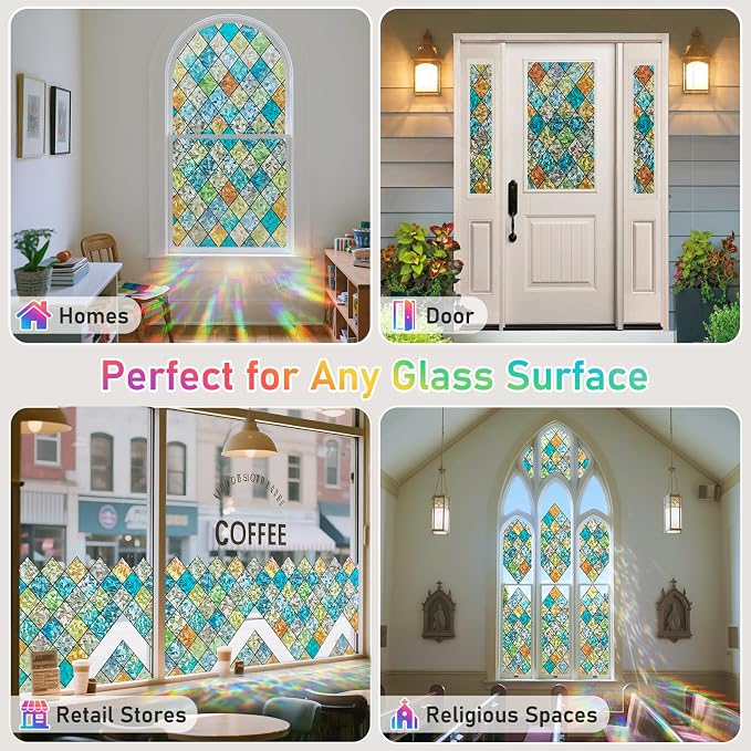 Sunbaby Window Privacy Film Stained Glass Decorative Rainbow Window Cling 3D Static Clings Colorful for Home Decoration, Anti-UV & Heat Control Non-Adhesive (29.5"x78.7")