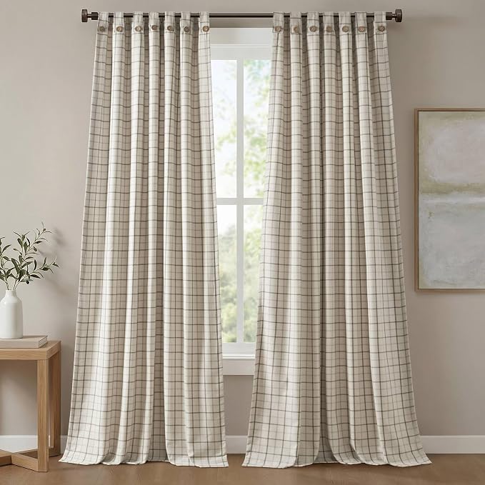 Madison Park Anaheim Cabin Plaid Curtain Window, Thermal Insulated Fleece Lining, Living Room Decor Room Darkening Drape for Bedroom, 1-Single Panel Pack, 50x95, Rod Pocket & Front Tab, Neutral