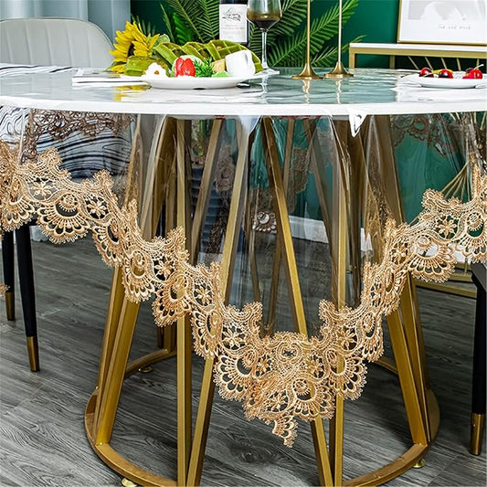 Jeloris Plastic Clear Round Tablecloth Vinyl PVC Waterproof Tablecloth Embroidered Lace Edge Transparent Table Cover for Kitchen Dining Coffee Table (Round 75 inch, Brown)