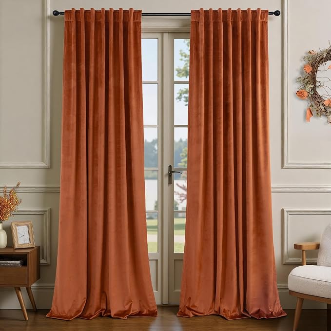 Rust Colored Terracotta Boho Plush Velvet Curtains 108 Inches Long 2 Panels for Living Room Darkening Back Tab Pocket Thermal Insulated Elegant Blackout Curtains Ceiling to Floor Length for Patio Door