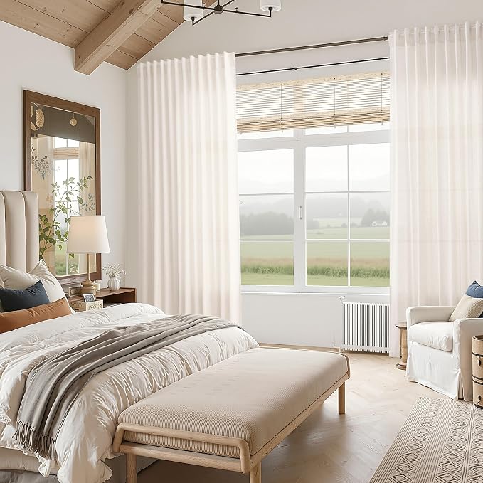 Ivory White Linen Curtains 90 inch for Living Room Back Tab Rod Pocket Semi Sheer Cotton Textured Gauze Curtain Modern Farmhouse Coastal Decor 90 inches for Dining Room Office