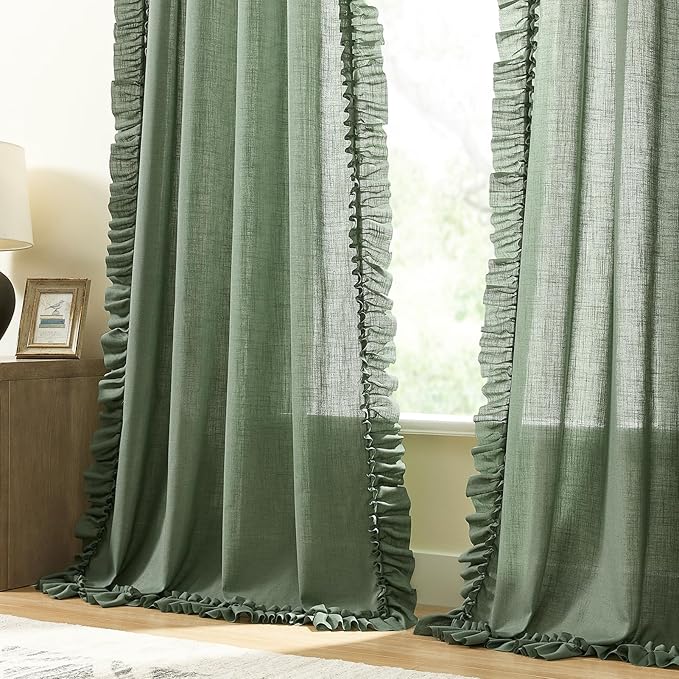 Dark Sage Green Ruffle Curtains 96 Inch Length, 2 Panels, W58xL96 In, Linen Textured Boho Farmhouse Flowy Curtains for Living Room Rod Pocket Privacy Light Filtering Semi-Sheer Scalloped Linen Curtain