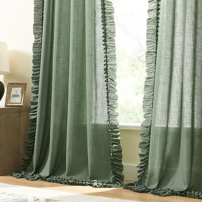 Dark Sage Green Ruffled Curtains 96 Inches Long 2 Panels W47 x L96 Inch Linen Textured Farmhouse Scalloped Ruffle Curtains for Bedroom Rod Pocket Privacy Light Filtering Semi-Sheer Flowy Linen Curtain