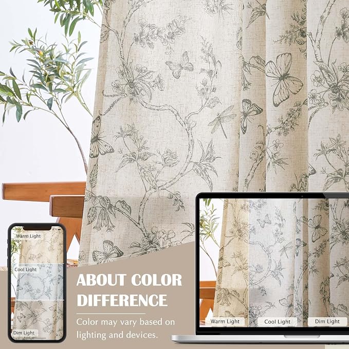 jinchan Floral Curtains Lined Linen Blend Curtain for Living Room 84 Inch Length Grey Flower Farmhouse Curtains French Country Gray Patterned Curtain Drapes Back Tab Rod Pocket 2 Panels