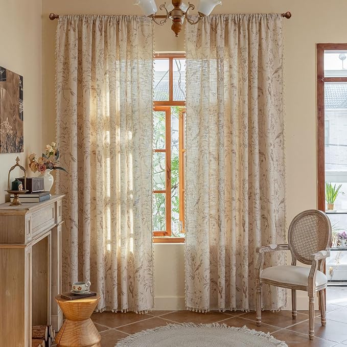 OYX Boho Bird Floral Curtains 84 Inch, Linen Farmhouse Botanical Drapes with Tassels, Light Filtering Semi Sheer Curtains for Living Room Bedroom, 2 Panels, Rod Pocket, 52Wx84L