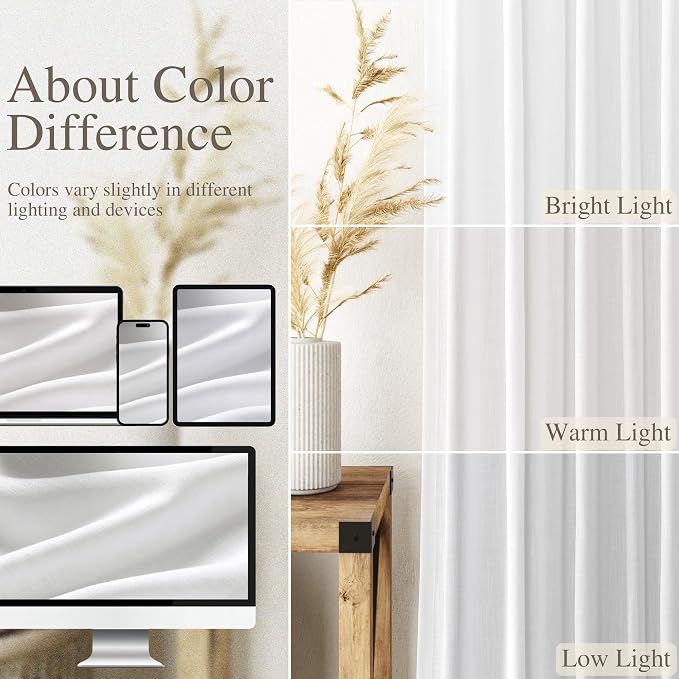 Nanspring White Linen Curtains 134 Inches Long 2 Panels Set for Living Room Extra Long Back Tab Curtains Light Filtering Semi Sheer Linen Drapes Ceiling to Floor for Large Window Farmhouse 52x134