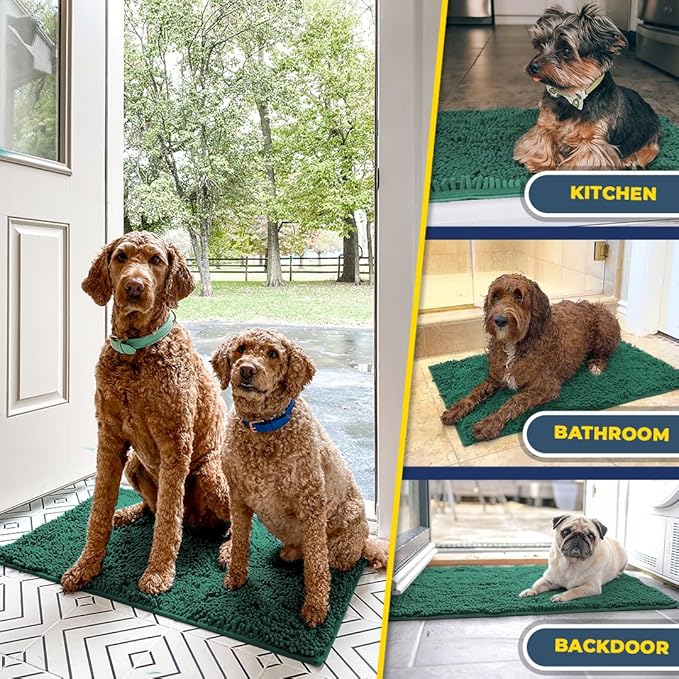 Muddy Mat® | Super Water Absorbent Door Mat Indoor, Microfiber Quick Dry Chenille Entryway Rug, Slip Resistant Front Door Mat, Indoor Mats for Entryway, Machine Washable Pet Rug, Dark Green 24"x35"
