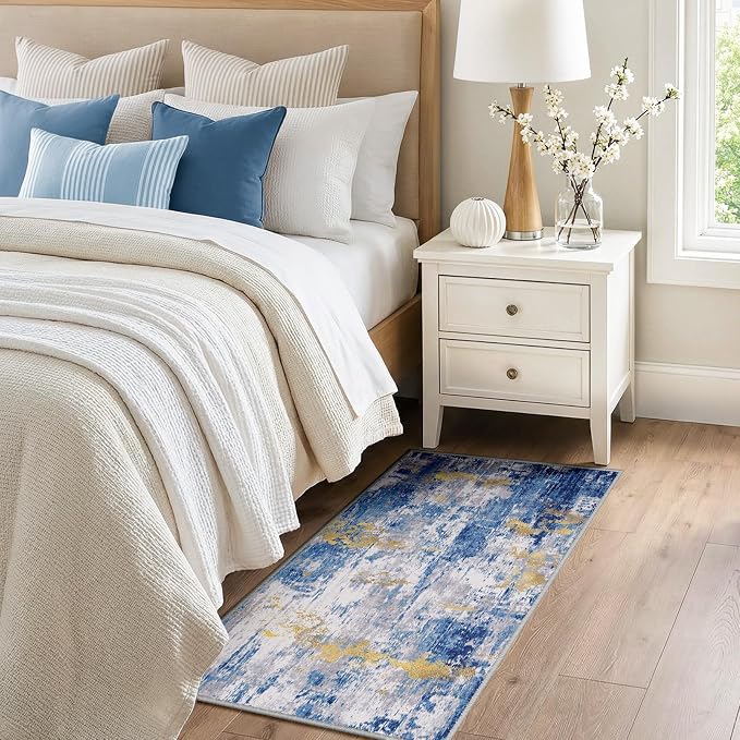RELEANY Washable Area Rugs 2'x4' Non-Slip Modern Abstract Soft for Living Room Entryway Bedroom Kitchen, Print Pattern, Grey Blue Gold/Golden
