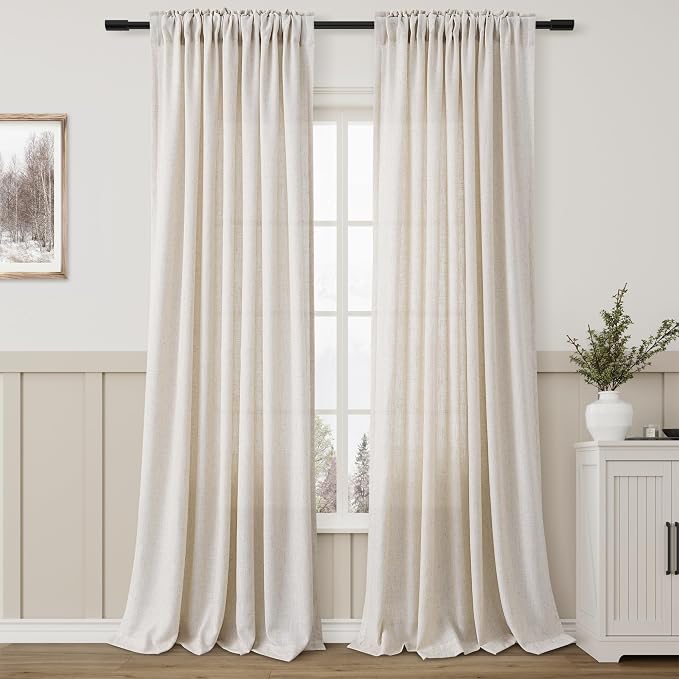 Aersas Beige Extra Long Faux Linen 132 Inch Length Curtains Luxury Privacy Light Filtering Ceiling High Window Drapes Back Tab Rod Pocket Semi Sheer Vintage Curtain 2 Panels for Living Room 52x132