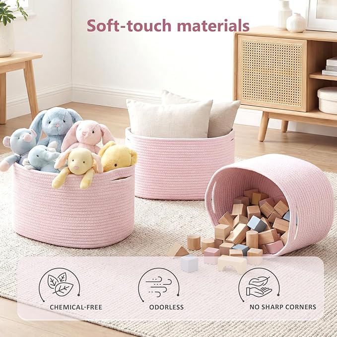 ECDYQXVU Cotton Rope Storage Basket, 15x10x9 Inches, Woven Basket for Shelves, Clothes, Towels, Books, and Laundry, Light Pink (3 Pack)
