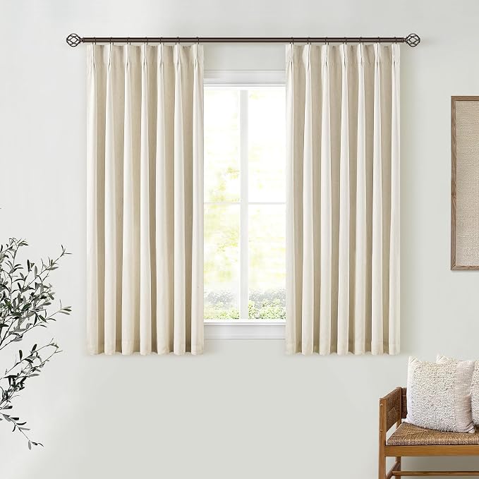 Beige Blackout Cafe Curtains 45 Inch Length 2 Panel Set Pinch Pleated Back Tab Linen Blend Black Out Short Curtains Boho Farmhouse Thermal Insulated Small Window Drapes for Bathroom Kitchen RV
