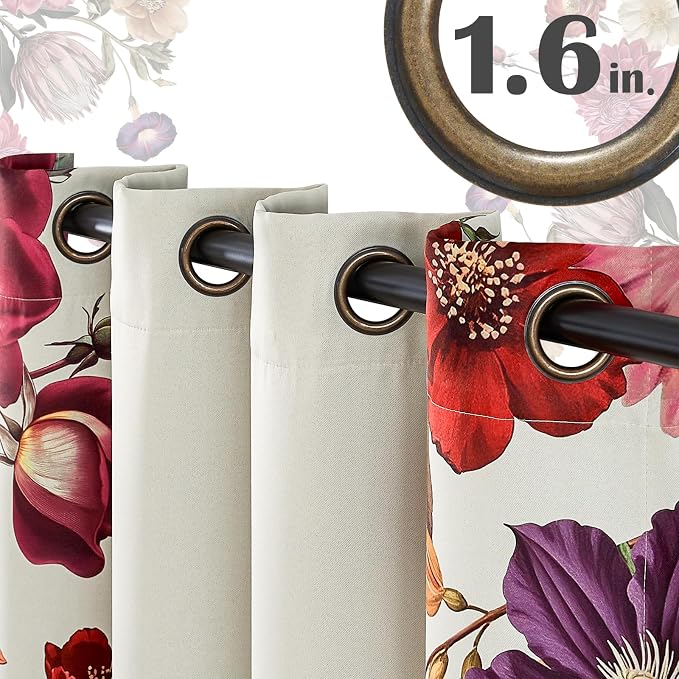 jinchan Hannah Floral Blackout Curtains with Retro Vintage Beige Boho Flower Print Drapes for Bedroom Living Room Fall Decor Window Curtains Room Darkening 96 Inches Length 2 Panels Set with Grommet