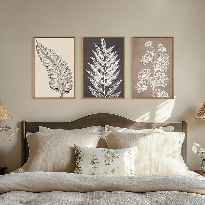 HOURIA Abstract Boho Fern Leaf Floral Framed Canvas Wall Art Set,Vintage Botanical Leaves Wildflower Decor,Modern Minimalist Nature Inspired Beige & Brown Artwork for Living Room,Farmhouse-24 x36 x3