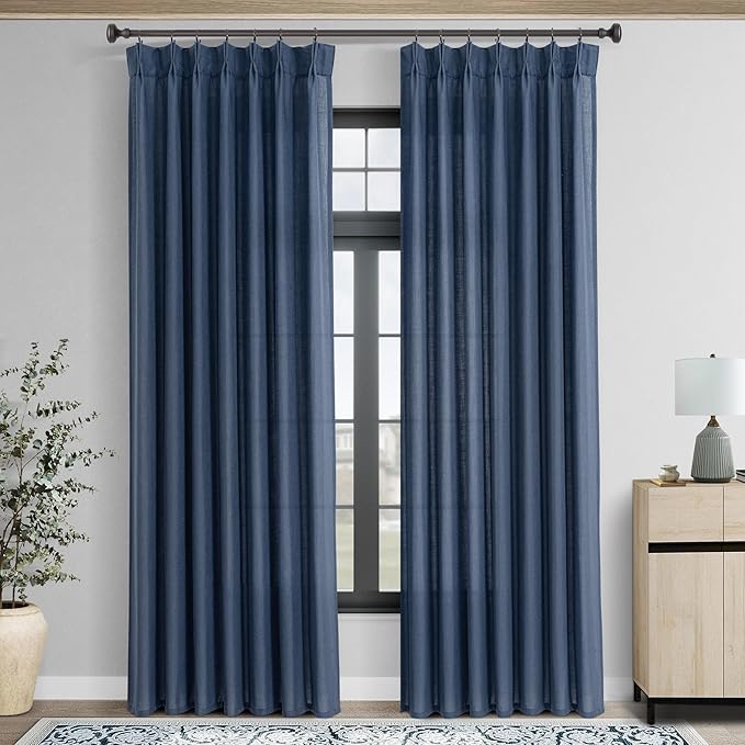 Pinch Pleated Navy Blue Linen Curtains 90 inch Length for Living Room 2 Panel Set Light Fitering Semi Sheer Navy Window Curtain Pinch Pleate with Hooks Farmhouse Bedroom Long Drapes 90