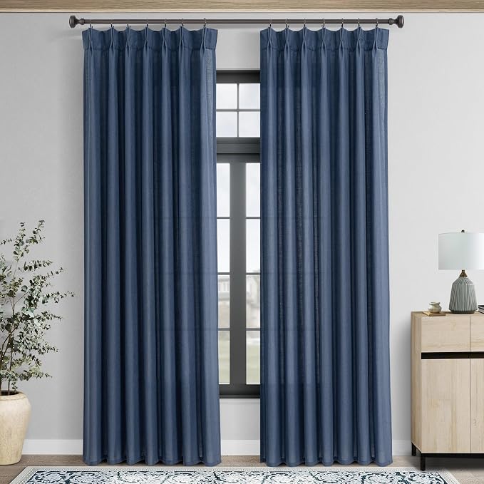 Pinch Pleated Navy Blue Linen Curtains 84 inches Long for Living Room 2 Panel Set Light Fitering Semi Sheer Navy Window Curtain Pinch Pleate with Hooks Farmhouse Bedroom Drapes Length 84"