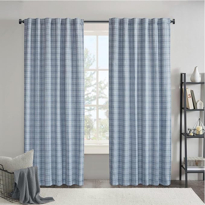 Madison Park Anaheim Cabin Plaid Curtain Window, Thermal Insulated Fleece Lining, Living Room Decor Room Darkening Drape for Bedroom, 1-Single Panel Pack, 50x95, Rod Pocket & Back Tab, Denim Blue