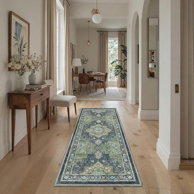 GENIMO 8x10 Area Rugs for Living Room, Machine Washable Rug, Non Slip Indoor Vintage Carpet, Low Pile Lightweight Print Carpet for Bedroom Dining Room Home Office, Green & Navy
