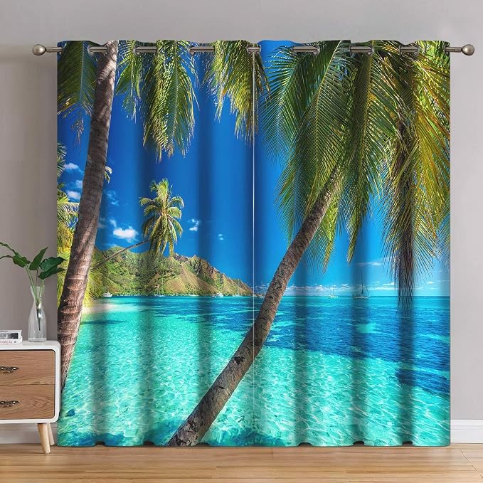 Jekeno Ocean Palm Tree Blackout Curtains Tropical Beach Theme Clear Sea Island View Seaside Scenery Print Grommet Window Drapes Decor for Bedroom Living Room Blue 2 Panel Set, 42"x84"