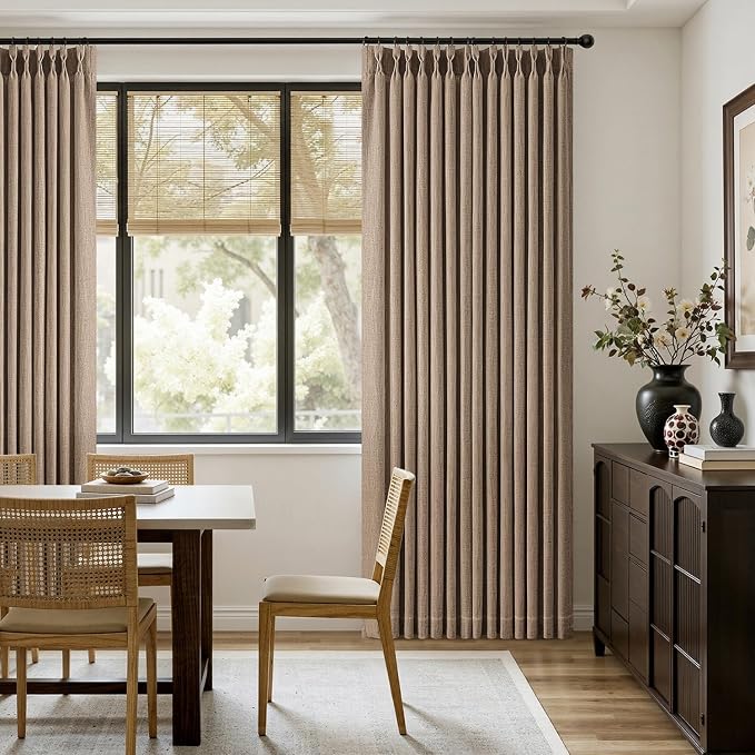MIULEE Pinch Pleated Thick Linen Curtains 84 Inches Long 2 Panels for Living Room Bedroom, Memory Trained Pleat Drapes Back Tab Light Filtering Country Farmhouse Brown Burlap Curtains with Hooks&Rings