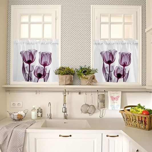 Kitchen Tier Curtains 36 inches Long, Abstract Transparent Purplish Red Flower Tulip Window Curtains for Living Room Bathroom,Rod Pocket Light Filter Drapes Short Half Window Treatment Tiers 2 Panels