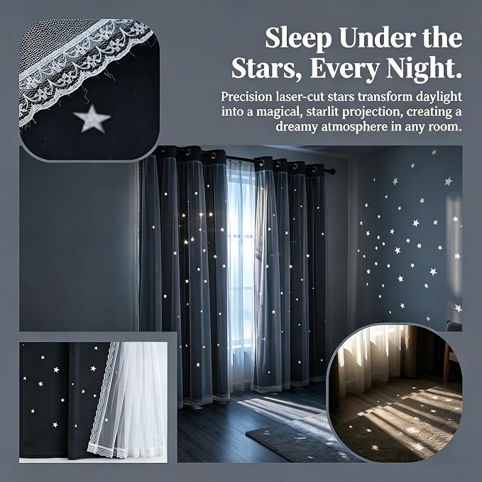Kids Blackout Curtains for Bedroom/Living Room/Classroom, Sheer Overlay 95 Inches 2 Panel Set, Double Layer Curtains with Star Cutout for Kids Room(W 52 x L 95 Inches,Grey 2 Pcs)