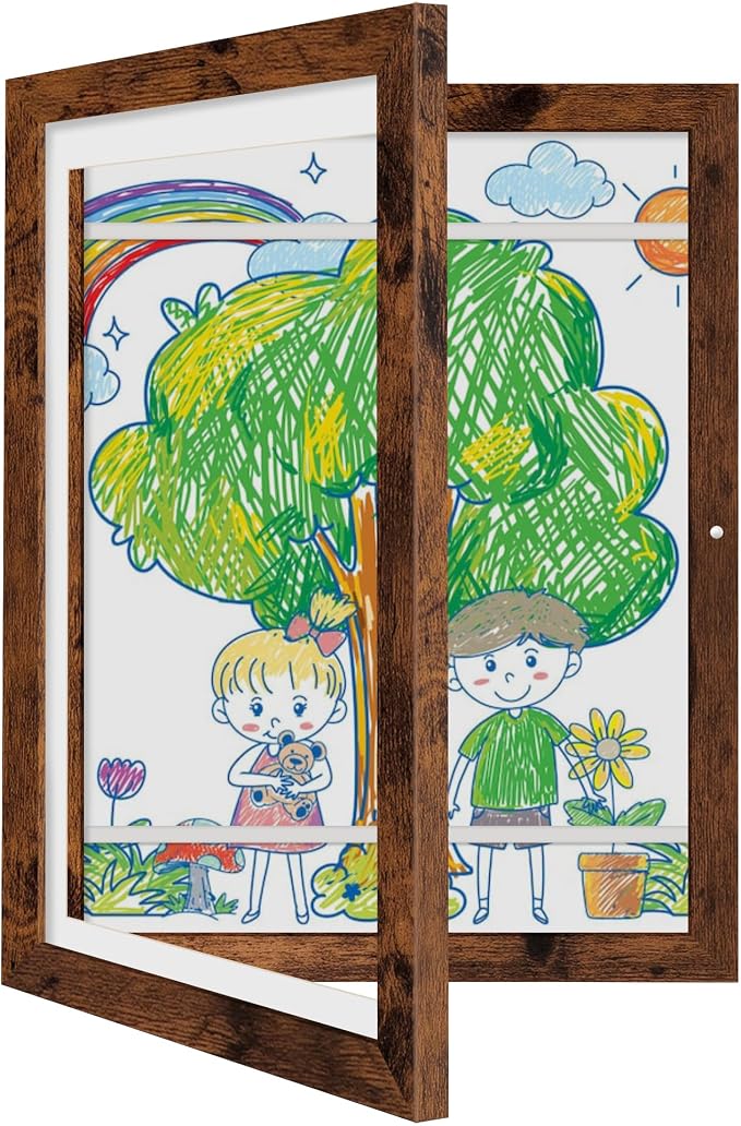 Kids Art Frames 8.5x11 - Front Opening Childrens Picture Frame Changeable, Wood Artwork Display Storage for Wall Mount, Magnetic Door Holds 50 Art Pieces for Drawings, 3D Picture, Crafts, Portfolio, Dark Brown