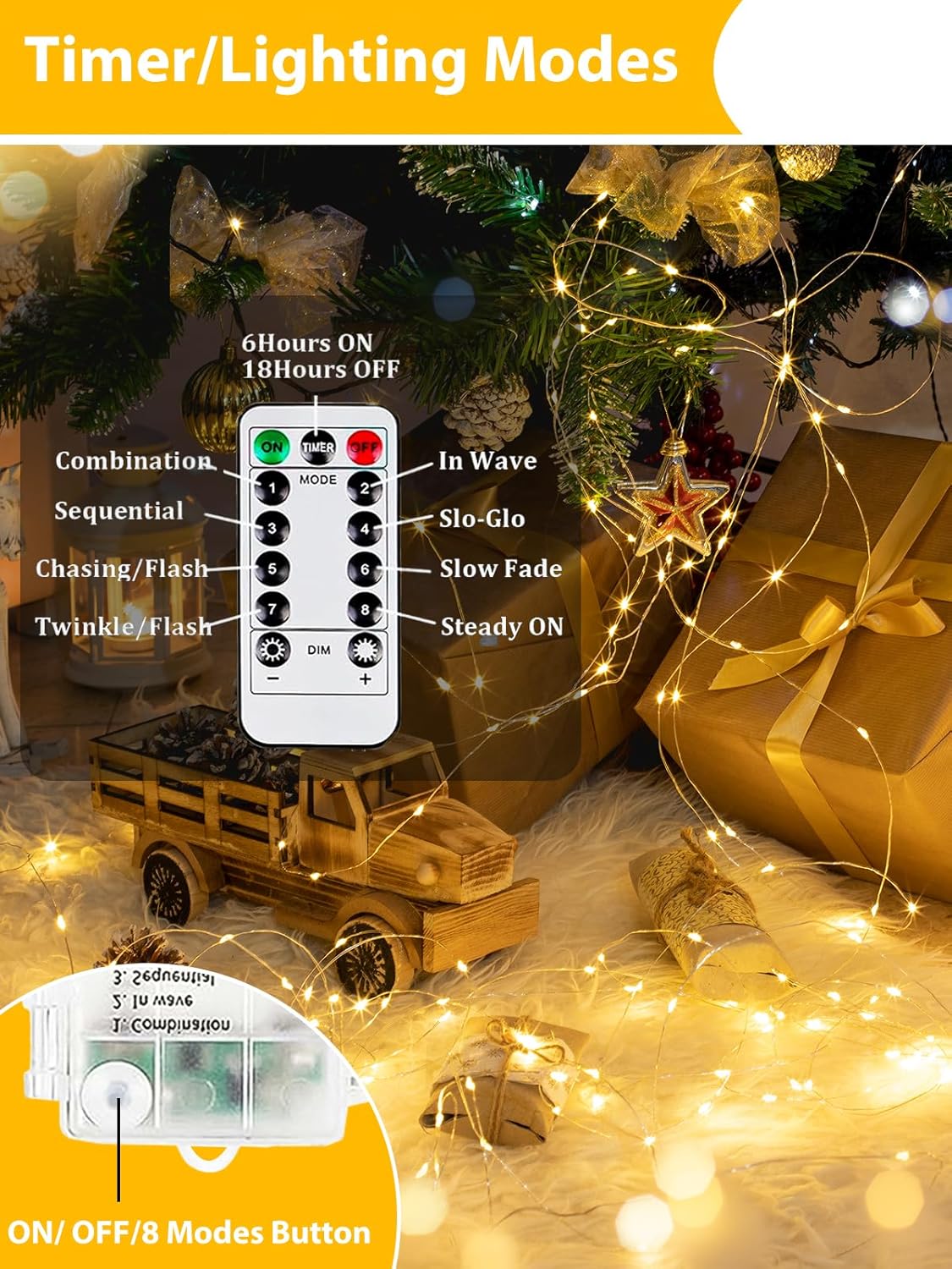 2 Pack 200LED Battery Operated Fairy Lights with Remote, 8 Modes LED String Lights with Timer, Dimmable, Memory Function, Waterproof Twinkle Lights for Outdoor Indoor Christmas Decor(Warm White)