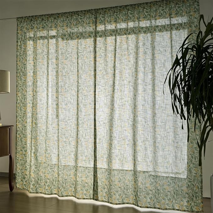 RoomTalks Green Yellow Floral Window Curtains 84 Inches Length 2 Panels, Boho Country Vintage Cute Botanical Fruit Faux Linen Curtain Panels for Bedroom Dining Living Room Dorm Summer Aesthetic Decor