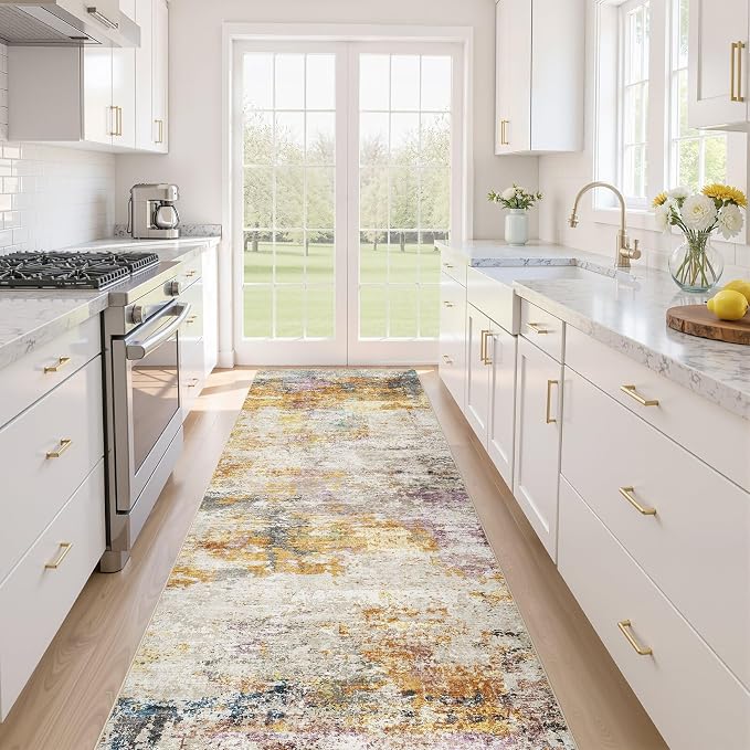Runner Rug Kitchen Washable Rugs: 2x10 Non-Slip Abstract Soft Modern Stain Resistant Indoor Floor Neutral Accent Throw Carpet for Hallway Bathroom Laundry Room Entryway Bedroom- Gold Colorful