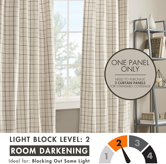 Madison Park Anaheim Cabin Plaid Curtain Window, Thermal Insulated Fleece Lining, Living Room Decor Room Darkening Drape for Bedroom, 1-Single Panel Pack, 50x95 Faux Leather Tab Top, Natural