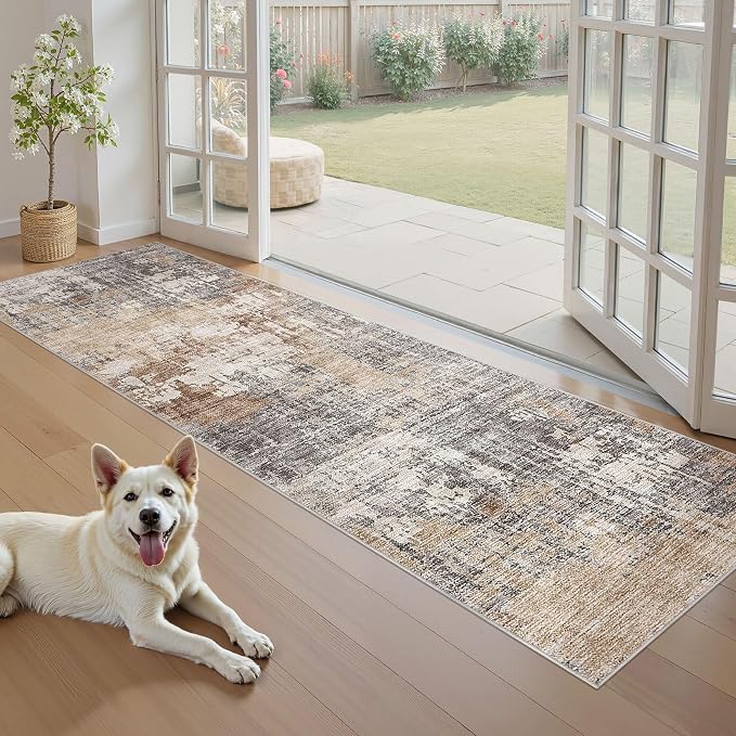 DMOYEST Washable Runner Rug for Hallway: 2x6 Neutral Modern Abstract Low Pile Area Rug with Non-Slip Backing - Carpet for Bedroom Kitchen Laundry Entryway Bathroom Indoor - Grey Brown