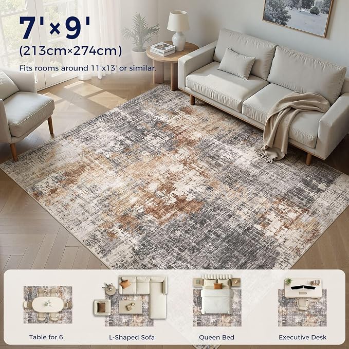 DMOYEST Area Rug Living Room Rugs - 7x9 Washable Large Soft Indoor Neutral Modern Abstract Low Pile Rug Carpet for Bedroom Dining Room Farmhouse Home Office - Grey Brown