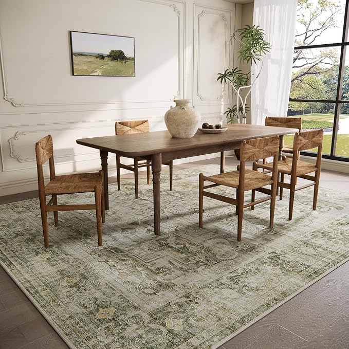 Washable Area Rugs for Living Room: 10 x12 Boho Rug Large Living Room Rug Stain Resistant Distressed Vintage Area Rug Non Slip Low Pile Faux Wool Soft Rugs for Bedroom Playroom Farmhouse Dining Room