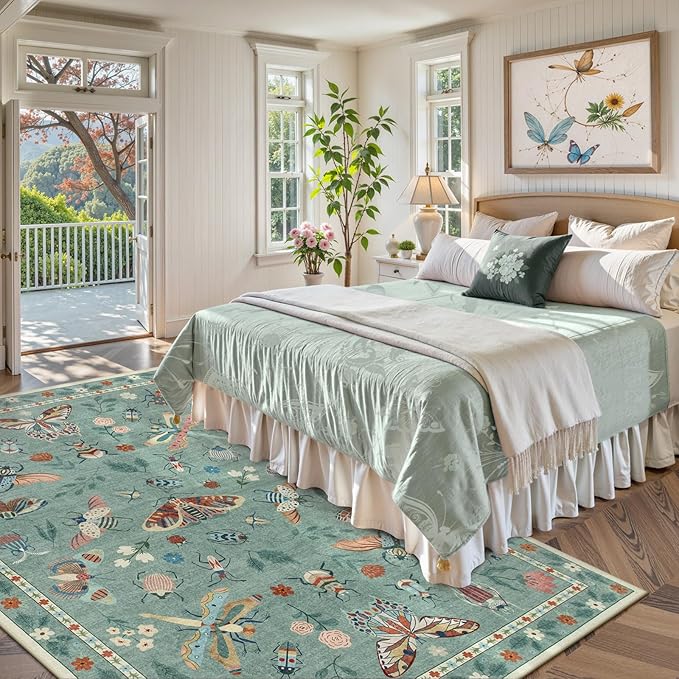 Lahome Insect Washable Area Rugs 5x7, Soft Green Rug for Living Room Bedroom Ultra-Thin Non-Shedding, Modern Stain Resistant Throw Large Carpet for Dining Room Nursery Vionnet(5'x7',Green)