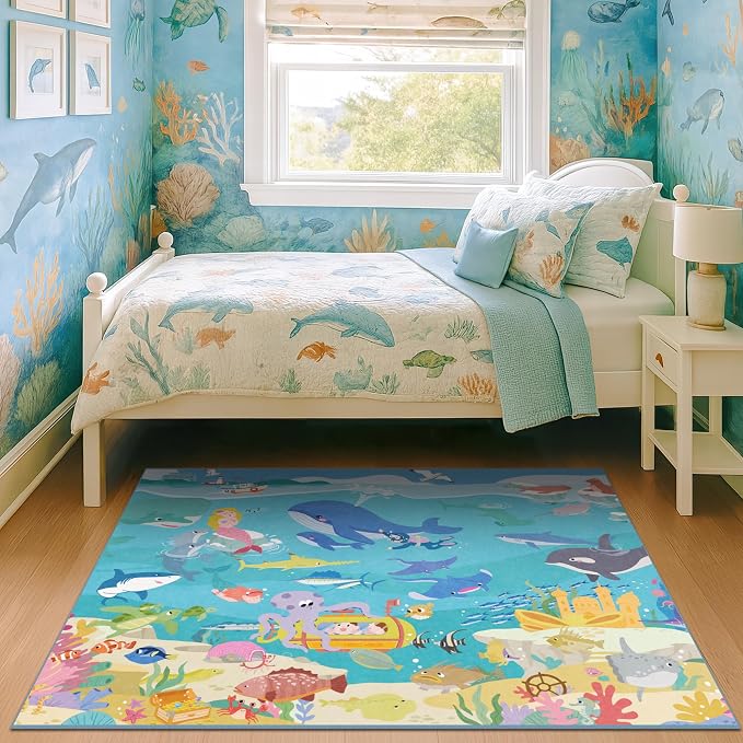 3x5 Small Kids Rug for Bedroom - Washable Soft Ocean Themed Rug for Kids Room, Bathroom and Playroom – Sea Animal Carpet for Children, Toddler, Whale Mermaid & Marine Life Educational Learning Carpet