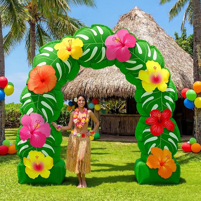 Soulchen 8.2 ft Tropical Hawaiian Inflatable Arch Summer Luau Party Decoration Monstera Leaves Tropical Flowers Inflatable Archway Outdoor Large Hawaii Birthday Party Decor for Beach Luau Pool Patio