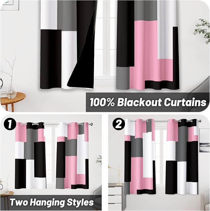 Tyrot Pink 100% Blackout Curtains 45 inch Length 2 Panels Set White Grey Modern Abstract Geometric Drapes for Kitchen Black Out Curtains Insulated Room Darkening Small Window Curtains, 42Wx45L