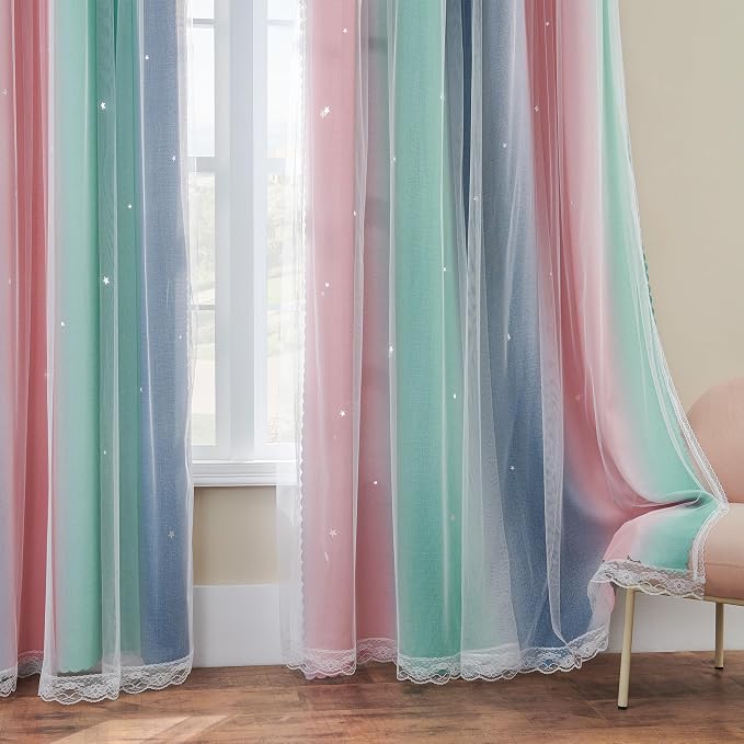 XiDi Curtains for Bedroom Decor, Rainbow Pinkgreen grey34/54
