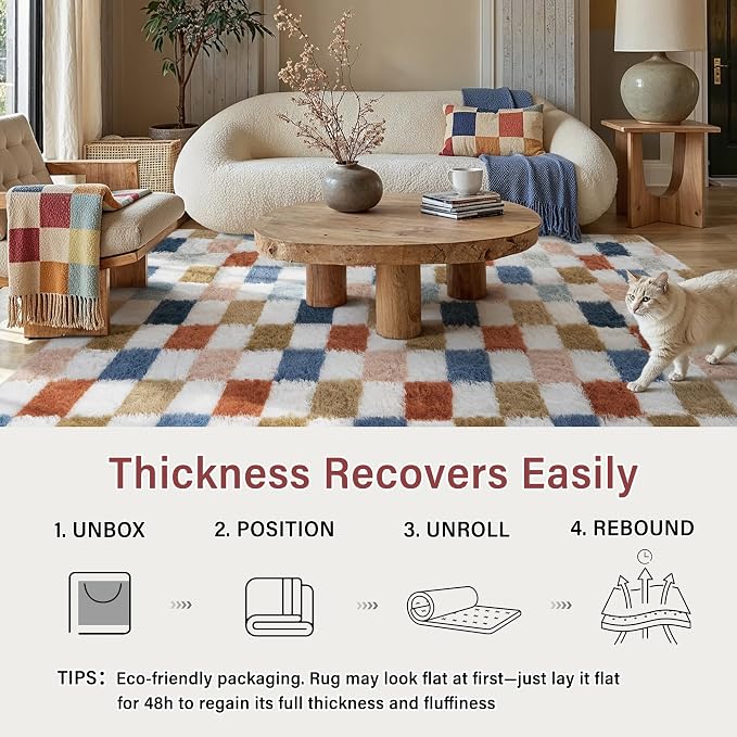 PureCozy Checkered Rug 9x12 for Living Room, Modern Rainbown Shag Rug Washable Non-Slip Large Area Rug Super Soft Indoor Fuzzy Carpet Fluffy Rugs for Bedroom Home Aesthetic Decor