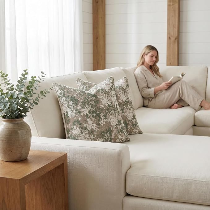 Vintage Floral Throw Pillow Covers 20x20 Inches Set of 2 Boho Farmhouse Pillow Cases Premium Chenille Textured Decorative Cushion Covers for Couch Retro Garden Farmhouse Style Grass Green