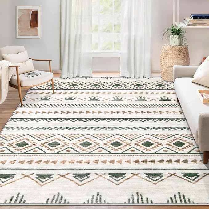 Area Rug 4x6 Geometric Rug: Washable Boho Moroccan Rugs Soft Farmhouse Rug, Modern Neutral Stain Resistant Indoor Floor Carpet for Living Room Bedroom Dining Table Nursery(Brown Green,4'x6')
