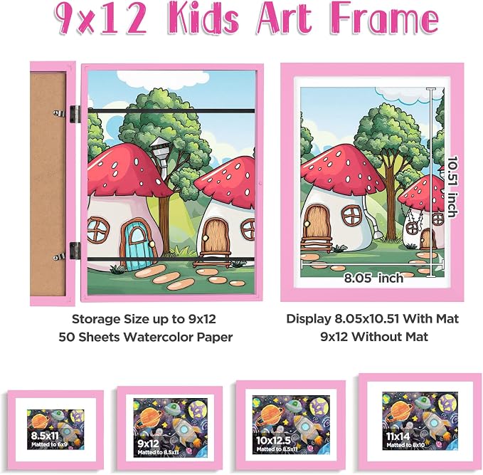 KINLINK 9x12 Kids Art Frame 2 Pack, Solid Wood Artwork Frames Changeable, Front Opening Hold 150 Pictures, Art Frames for Kids Artwork, 8.5x11 with Mat 9x12 without Mat, Picture Frames Light Pink