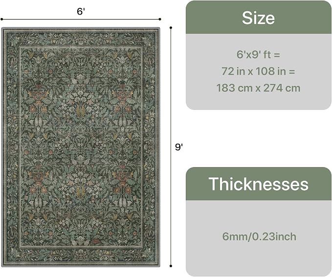 GENIMO 6x9 Washable Living Room Area Rug, Non Slip, Dusty Sage Green | Vintage Boho Floral Low Pile Thin Carpet for Bedroom, Dining Room, Nursery, Indoor Decor