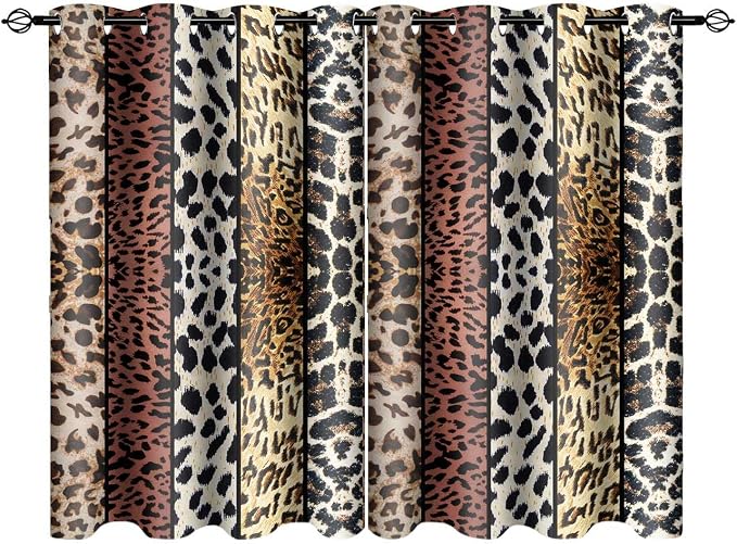 Wild Animal Print Curtain, Room Darkening Thermal Insulated Blackout Leopard Boa Window Drapes with Grommets for Living, Dining, Bedroom, Brown Leopard Print, 52"x 36", 2 Panels