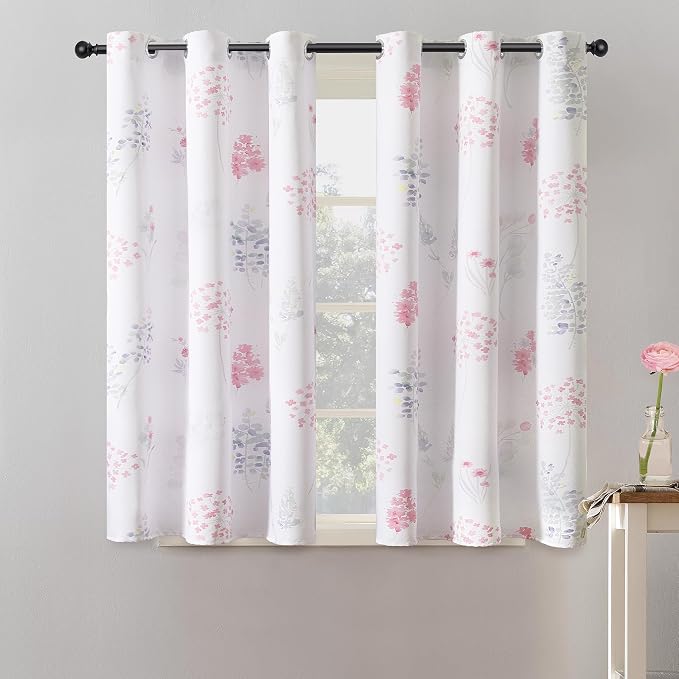 XTMYI Pink Curtains for Girls Bedroom Kids Room,Floral Boho 80% Blackout Short Curtains for Kitchen Window Bathroom Bunk Bed Dorm,45 Inch Length,Set of 2 Panels