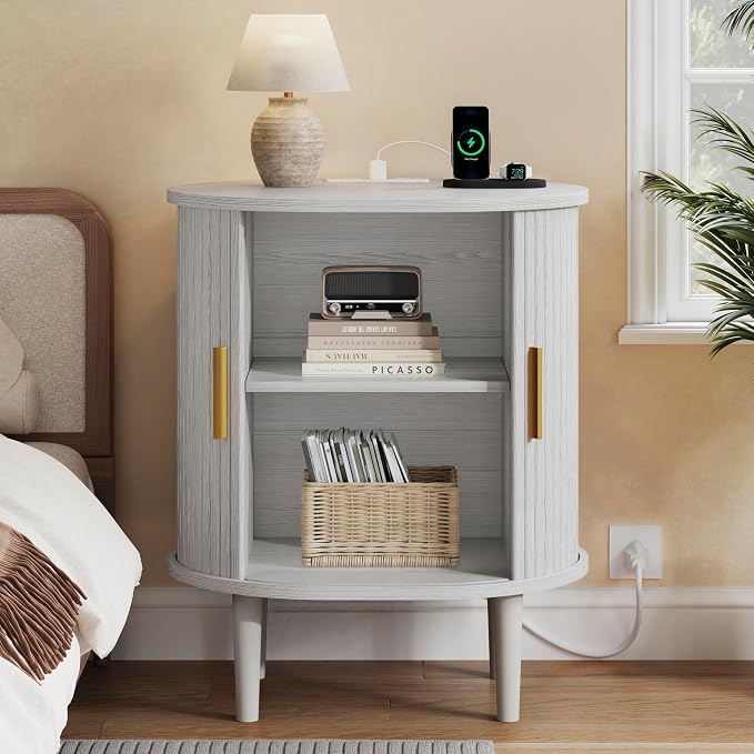 DHH Mid Century Modern Nightstand with Charging Station, Fluted Accent Side Table with Sliding Door & Adjustable Shelf, End Table for Small Space, Living Room, Bedroom,Sofa Couch(1, White)